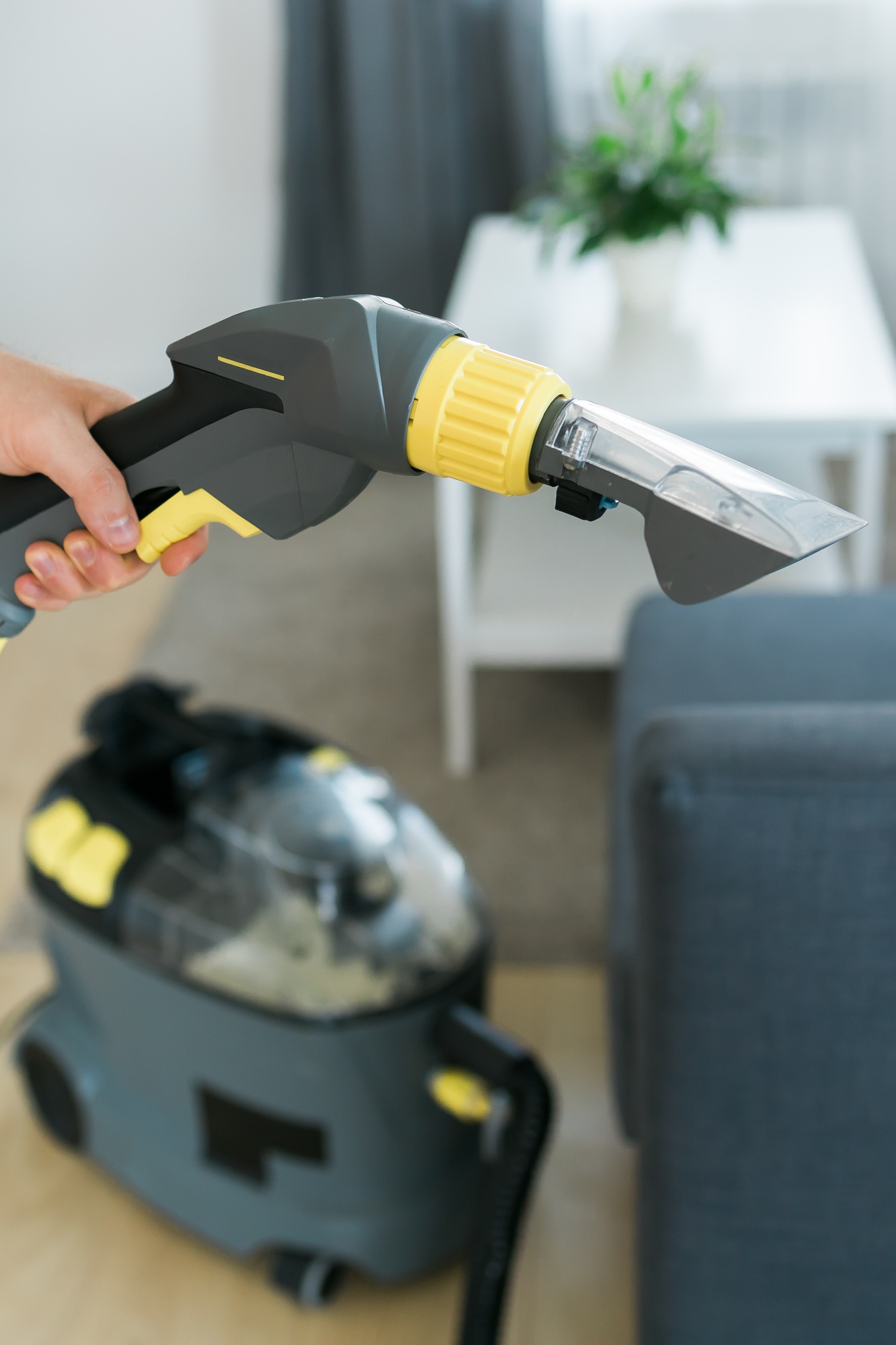 Man in protective rubber glove cleaning sofa with professionally extraction method with washing